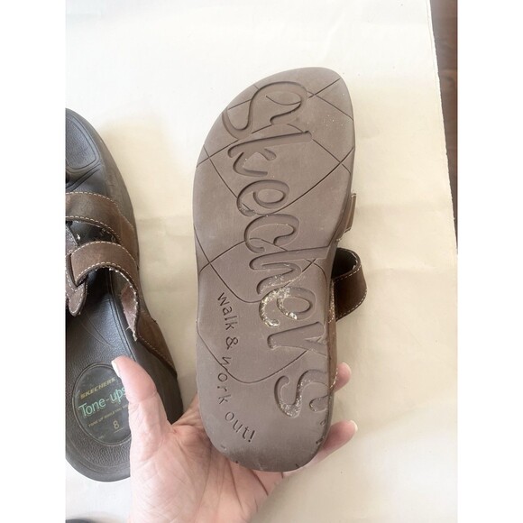 Skechers Tone Ups Slip On Strappy Sandals Brown Leather Size 8 Comfort Shape 39 - Picture 6 of 8